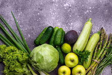 Various green vegetables and fruits