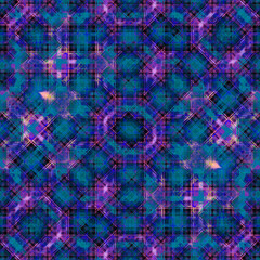 Symmetrical layout. Bed sheets and interior. Gift wrapping paper. Colorful ethnic patterned background in blue and lilac colors. Seamless abstract geometric pattern.