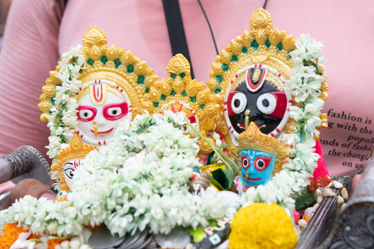 Close-up of Hindu God Jagannath, Goddess Subhadra and Balaram