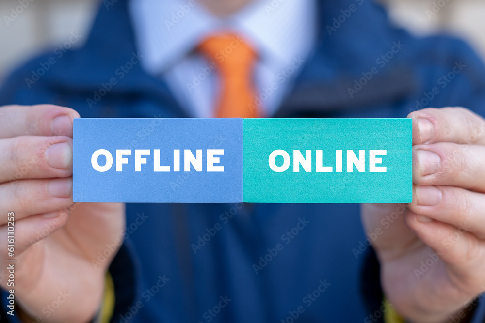 Poster man holding colorful blocks with inscription: offline online. transition from offline to online or v