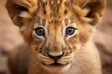 Fototapeta na wymiar Close Up Portrait of a Baby Lion. Generative AI