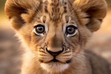 Fototapeta premium Close Up Portrait of a Baby Lion. Generative AI