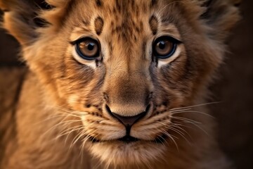 Fototapeta na wymiar Close Up Portrait of a Baby Lion. Generative AI