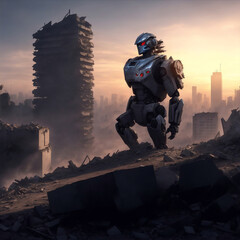 A robotic figure stands atop a pile of rubble in a post-apocalyptic city. Digital painting illustration created with Generative AI technology.