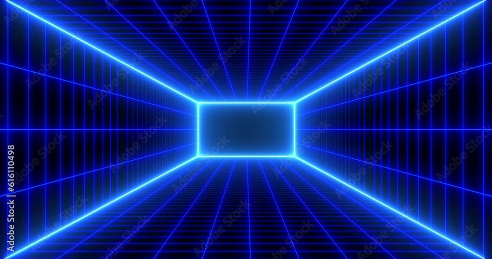 Poster abstract sci-fi grid, dynamic animation retro neon wireframe net footage, glowing lines and lights. 