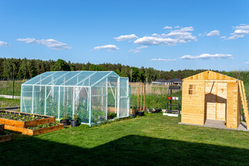 Naklejka premium A wooden garden shed under construction standing on a concrete foundation in the garden, visible greenhouse.