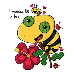 Illustration of a cute chameleon who wants to be a bee, with a little bee and a tropical flower, t-shirt design