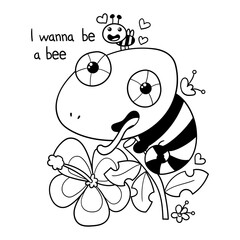Illustration in black and white  of a cute chameleon who wants to be a bee, with a little bee and a tropical flower, coloring page