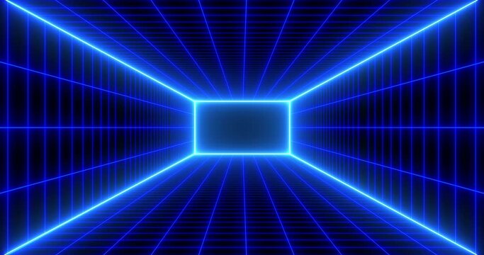 Abstract sci-fi grid,  dynamic animation retro neon wireframe net footage, glowing lines and lights. cyber technology, blue digital background
