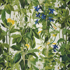 Seamless vector pattern with many abstract spring flowers. For wallpaper or fabric decoration in vintage style. Flower painting for summer. Botanical background. Vector illustration.