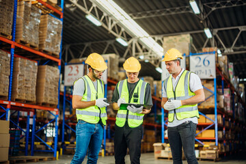 Three warehouse workers using a digital tablet while recording inventory. Logistics employees working with warehouse management software in a large distribution centre.