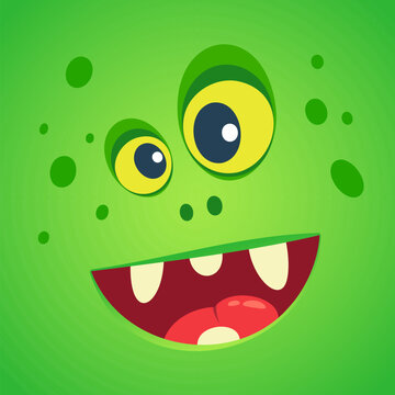 Green square cartoon monster face, cute avatar and icon.