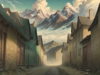 Lonely street of deserted settlement under the mountain