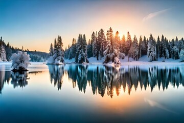 sunrise over the lake ,sunrise behind the trees , sunrise above the frozen lake ,reflection in the frozen lake 