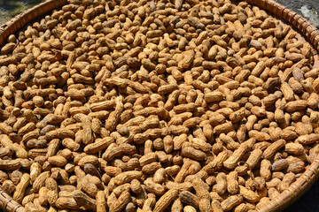 Flat lay of peanuts that are being dried in the sun with their skins on