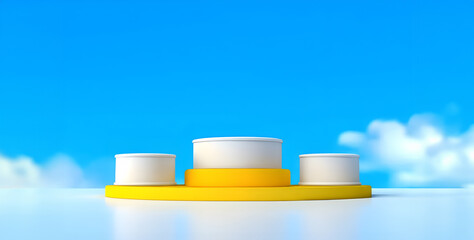 Abstract minimal concept. Sunshine yellow winner podium stage with cloud and skies background, abstract geometric landscape. Mock up template for product presentation. 3D rendering. copy text space
