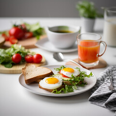 Fototapeta na wymiar Traditional breakfast with fried eggs, toast and salad on the plate. AI generated
