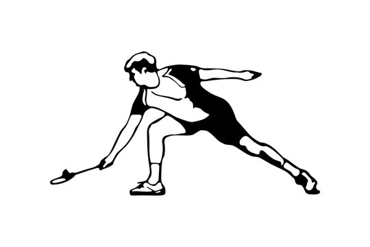 Badminton player. Man performing a net shot. Poster template. Black and white hand-drawn image. Vector illustration on a white background.