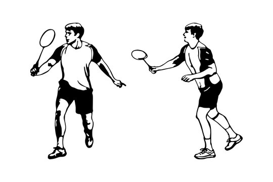 Two badminton players with racket. Defense play. Sport collection. Poster template. Black and white hand-drawn image. Vector illustration on a white background.