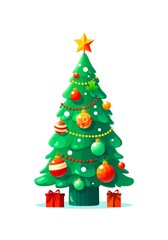 Cartoon illustration of a christmas tree with decorations on white background. Generative AI.