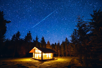 Illuminated Haven- Serene Forest Cabin Amidst the Night