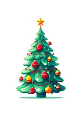 Cartoon illustration of a christmas tree with decorations on white background. Generative AI.