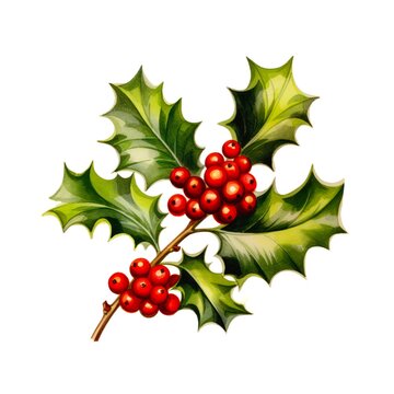 Christmas holly branch with red berries on white background. Generative AI.