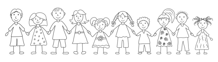 Group of happy kids holding hands, hand drawn style.  Children's drawing. Vector illustration