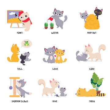 Funny Cat in Different Action as English Verb for Educational Activity Vector Illustration Set