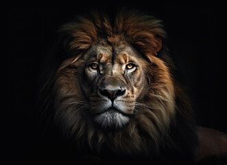 Portrait of a sitting lion on a dark background. Generative AI Illustration