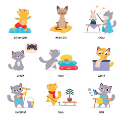 Funny Cat in Different Action as English Verb for Educational Activity Vector Illustration Set