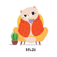 Funny Cat Relax in Blanket with Warm Drink as English Verb for Educational Activity Vector Illustration