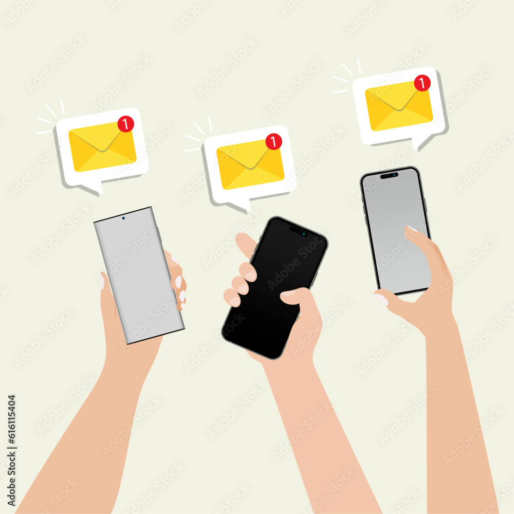 Poster hands holding phone with message notification concept. communication concept with smart phone on han