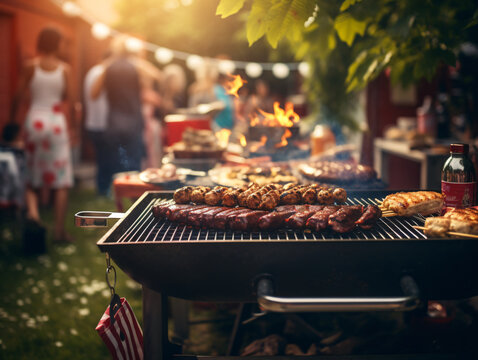 Barbecue Party Scene - with family background blurryClassic 4th of July Barbecue Generated Ai