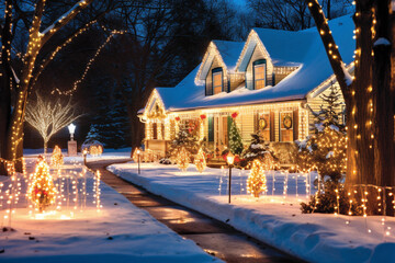 Christmas-decorated house in suburban USA in snow - obrazy, fototapety, plakaty