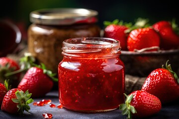Homemade strawberry  jam in a jar surrounded by fresh strawberries. Generative Ai