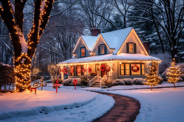 Christmas-decorated house in suburban USA in snow