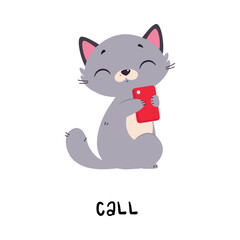 Funny Grey Cat with Smartphone Call as English Verb for Educational Activity Vector Illustration