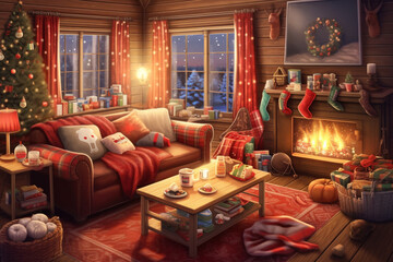 Fototapeta na wymiar decorated for Christmas interior of a house in the suburbs of the USA, a sofa, a fireplace and a Christmas tree