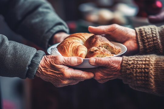 Homeless man hold bread in hands, closeup view