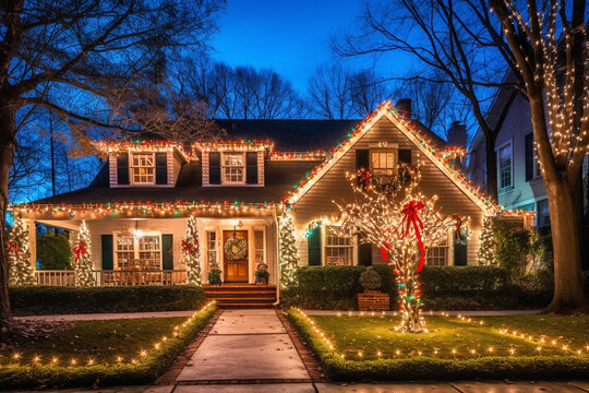 Christmas-decorated house in suburban USA in snow