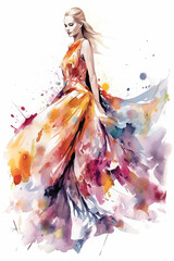 Fototapeta na wymiar Watercolor woman in dress fashion illustration on white background. Ai generated