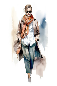 Watercolor woman fashion illustration on white background. Casual style. Ai generated.