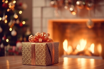 Christmas gift box on the background of the fireplace and Christmas tree.