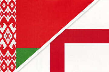 Belarus and England, symbol of country. Belarusian vs English national flags.