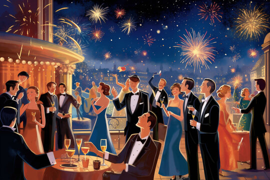 Illustration of 1920s party with a lot of people at night party