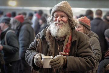 Portrait of homeless man hold soup in hands in USA - 616116613