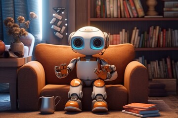 AI baby robot on sofa. Generative AI