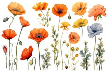 Beautiful composition with watercolor hand drawn colorful poppy flowers. Generative AI