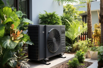 Air source heat pump installed in residential building. Generative AI